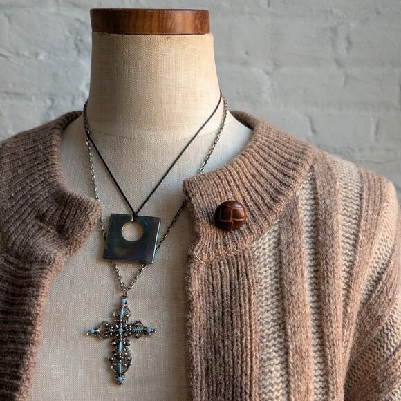 Vintage Wool Neutral Knit Cardigan Zipper Chunky Stripe Sweater Cozy Shacket - Picture 5 of 8